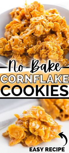 no bake cornflake cookies on a plate with the title in the middle