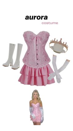 a pink corset with white stockings and high heeled boots is featured in an ad for aurora costume