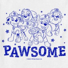 a white shirt with blue ink that says pawsomee on the front and three cartoon dogs