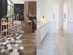 a kitchen and dining room are shown in two separate images, one is white and the other is black