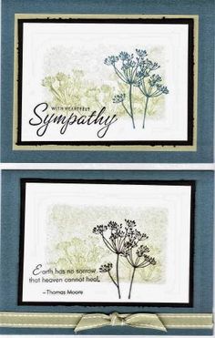 two cards with some type of flowers on them and the words sympathy written in black ink