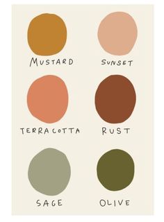 an image of different shades of paint on a white background with the words mustard, terracotta, rust and olive