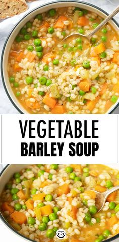 two images showing different types of vegetable barley soup