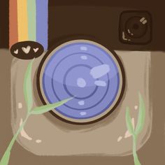 a drawing of a camera with a rainbow in the background and an empty plate on it