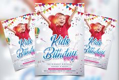 three kids birthday party flyers with balloons and confetti