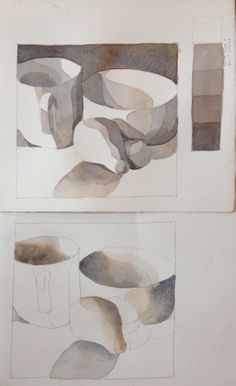 two paintings with different shapes and sizes on them, one is white and the other is gray