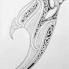 a black and white drawing of a knife with intricate designs on it's blade