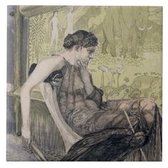 a drawing of a woman sitting on a bench