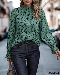 Olivia Mark - Long sleeve top with all over print and ruched detail Trendy Green Printed Top, Stretch Long Sleeve Tops With Gathered Sleeves, Summer Printed Tops With Lantern Sleeves, Chic Green Tops With Abstract Print, Summer Lantern Sleeve Printed Tops, Spring Green Tops With Abstract Print, Spring Green Top With Abstract Print, Green Abstract Print Top For Spring, Green Abstract Print Tops For Spring