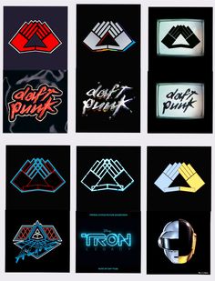 six different types of neon stickers on a black background