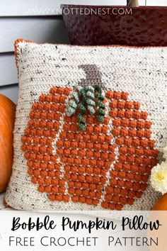 a crocheted pumpkin pillow sitting next to some pumpkins