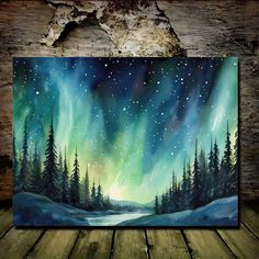 an acrylic painting of the night sky with stars and aurora bores in it