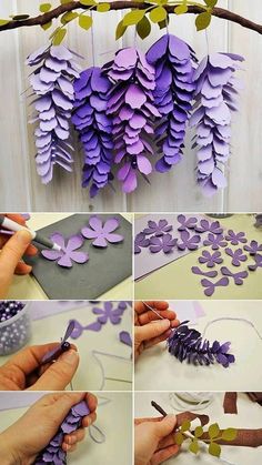 paper flowers are being cut and placed on a piece of paper to make them look like they