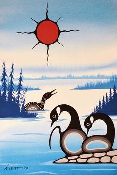 an image of two birds in the water with trees and sun behind them on a snowy day