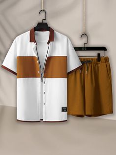 Manfinity Men Colorblock Letter Patched Detail Shirt & Drawstring Waist Shorts Without Tee | SHEIN USA Guy Summer Outfits Casual Street Styles, Polo Shirt Outfit Men, Mens Shorts Outfits, Mens Jogger Pants, Latest African Men Fashion, African Shirts For Men, Drawstring Waist Shorts