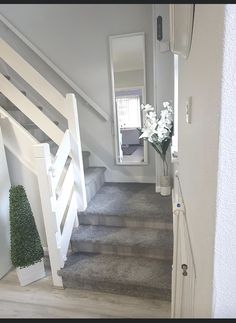 there is a vase with flowers sitting on the stairs next to the mirror and door