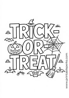 trick or treat halloween coloring page with pumpkins, bats and spiderweavers