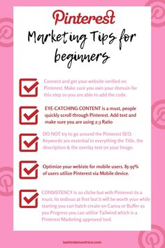 a pink poster with the words pinterest marketing tips for beginners on it