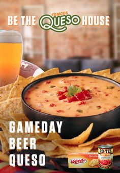 a beer and some chips on a table with the words game day beer quesadilla