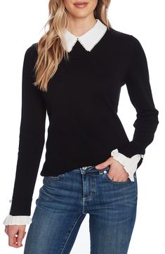 CeCe Imitation Pearl Peter Pan Collar Cotton Sweater | Nordstrom Classic Sweater, Sweaters Online, Cool Sweaters, Pan Collar, Peter Pan Collar, Cotton Sweater, Peter Pan, Black Sweaters, Long Sleeve Sweater