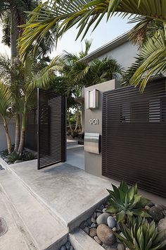 a modern house with palm trees and landscaping