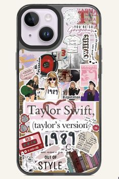 the taylor swift iphone case is shown with many stickers and other things on it