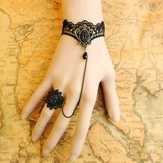 Gothic Lolita BLACK LACE bracelet Mirror w chain n ring Vampire style Costume Party Goth crispy. $10.99, via Etsy. Obsidian Crown, Black Lace Tattoo, Vampire Style, Crown Bracelet, Gothic Bracelet, Lace Bracelet, Lace Tattoo, Gothic Accessories, Hand Jewelry