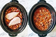 two crockpots filled with beans and meat on top of a marble counter