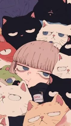 an anime character surrounded by many cats