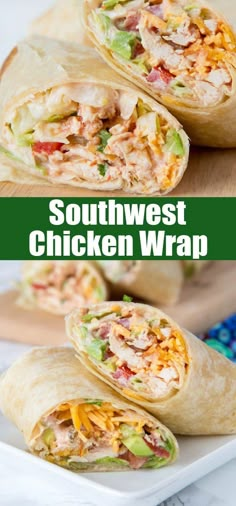 southwest chicken wrap cut in half and stacked on a white plate with text overlay