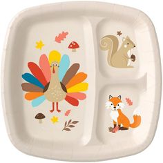 an image of a turkey and squirrel plate set on a white background for thanksgiving dinner