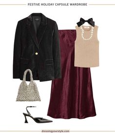 Chic winter holiday party outfit with burgundy red slip skirt, sparkly blazer, gold tank and pearl bow necklace. Perfect holiday look for a day at the office or dinner party. See the full winter Christmas holiday capsule wardrobe and 10+ more outfits for the festive season and New Year's Eve at dressingyourstyle.com Sparkly Blazer, Pearl Bow Necklace, Winter Holiday Outfits, Holiday Capsule Wardrobe, Capsule Wardrobe Basics, Winter Holiday Party