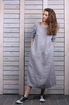 "This dress is very comfortable and has a minimalistic look. It is perfect for any occasion and for any season. Natural high-quality linen is quite dense and looks nice even without ironing. Each dress is hand made with love to nature. We use only natural fabric to create our things. You can choose from 16 colors. (The color palette you can find it in the end of listing). GENERAL SIZE CHART: SIZE XXS Bust: fits bust around 80 cm / 31.5\" Waist: fits waist around 62 cm / 24.5\" Hips: fits hips ar Simple Gray Dress Casual, Long Linen Dress Casual, Linen Dress Casual, Linen Style Fashion, Long Linen Dress, Dress Linen, Natural High, Dress With Long Sleeves, Natural Fabric