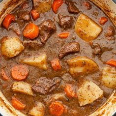 a pot full of stew with carrots and potatoes