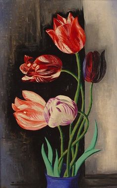 a painting of tulips in a blue vase