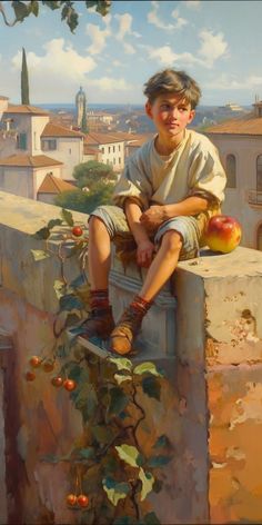 a painting of a boy sitting on a ledge with an apple tree in the background