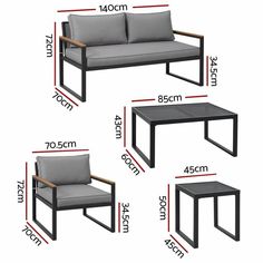 three different types of outdoor furniture with measurements for each seat and the other end table