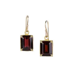 Rosanne Pugliese Faceted Emerald Cut Garnet Drop Earrings | Quadrum Ga - Quadrum Gallery Garnet Drop Earrings, Yellow Gold Earrings, Yellow Gold Earring, Drop Earring, 22k Gold, Emerald Cut, Cute Fashion, Ear Wires, Prong Setting