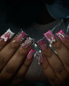 Pink N Black Nails, Pink Junk Nails, Neon Acrylic Nails, Cute Acrylic Nail Designs