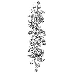 a black and white line drawing of roses on a vine with leaves in the center