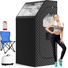 a woman standing next to a portable cooler