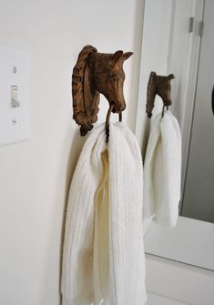 a horse head mounted to the side of a bathroom wall next to a towel holder