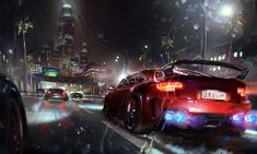 a red sports car driving down a city street in the rain at night with lights on