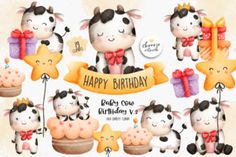 cow birthday clipart set for commercial use, includes cute animals with bows and presents