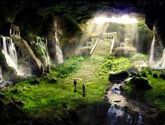 an image of people standing in the middle of a cave with waterfalls and green grass