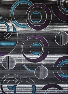 an area rug with circles and stripes on the side, in black and purple colors