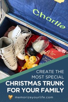 an open suitcase filled with personal items and the words create the most special christmas trunk for your family