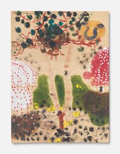 an abstract painting with trees, rocks and dots