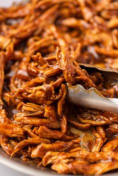 a plate full of shredded meat with a spoon in it