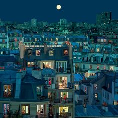 the full moon shines brightly in the sky over some buildings and rooftops at night